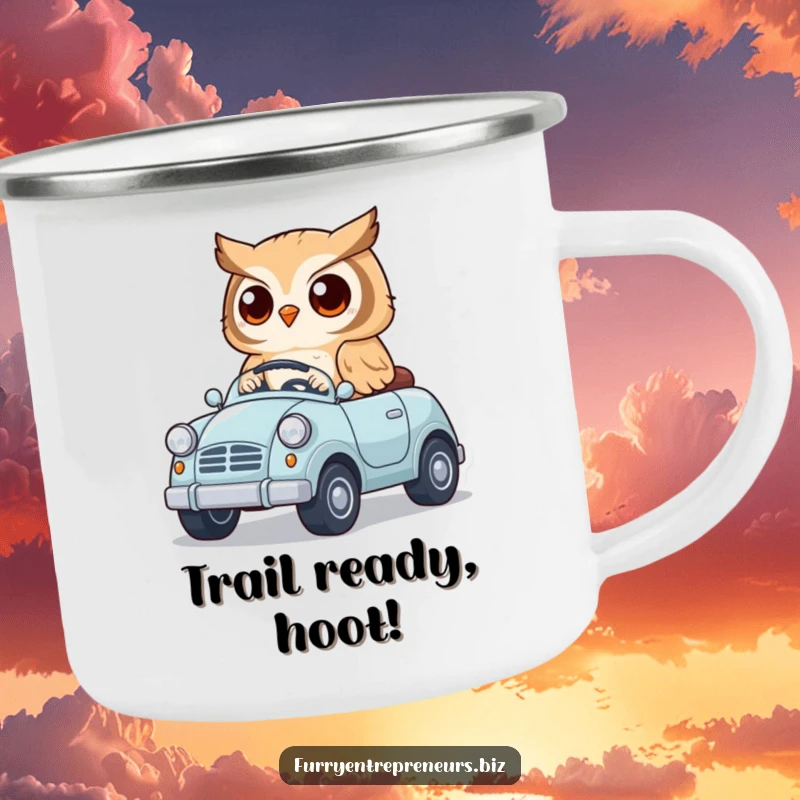 Funny camping mug with a cute owl driving a miniature toy car, perfect for enjoying beverages during outdoor adventures with animal charm.
