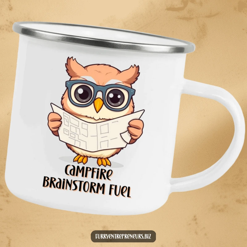 Funny owl in glasses, holding a camping mug, focused on a blueprint, ready for creative exploration or outdoor relaxation.