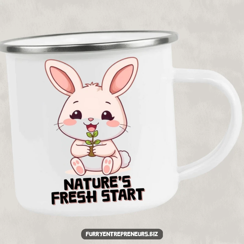 Funny rabbit gardener camping mug with a smiling bunny holding a tiny plant seedling, designed for nature lovers.