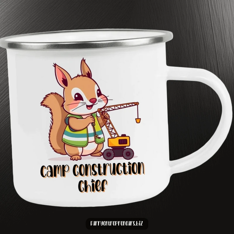 Funny Squirrel Crane Operator Camping Mug: A durable mug showing a squirrel operating a tiny crane, perfect for enjoying drinks in the wild with a funny twist.