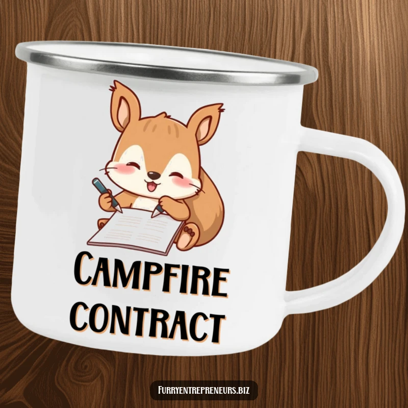Funny camping mug featuring a playful squirrel character signing a document with a tiny pen, ready for outdoor tasks.