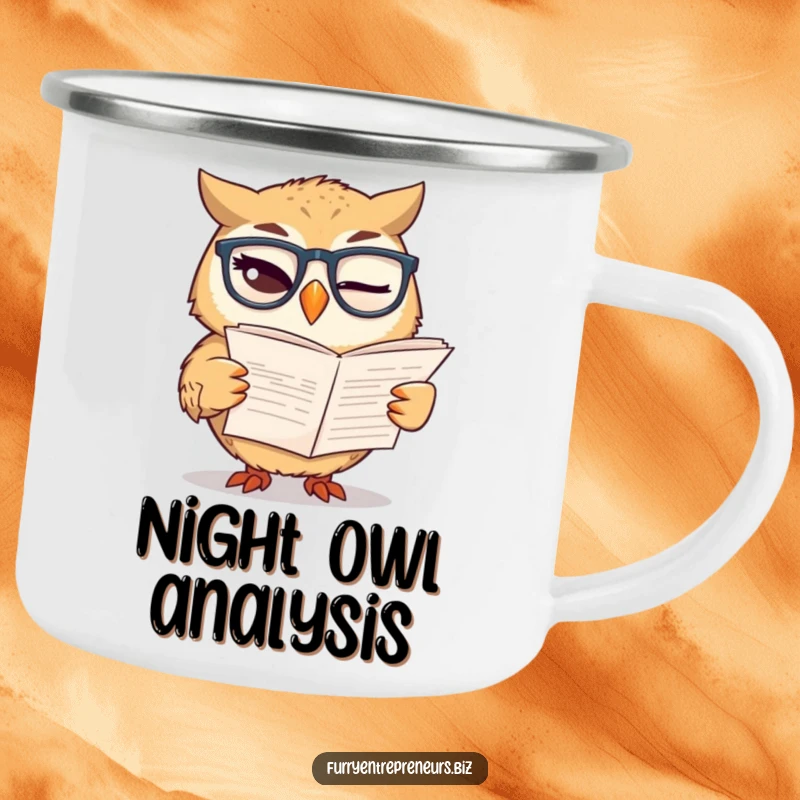 Funny camping mug featuring a winking owl wearing glasses, reading a financial report, ready for outdoor budgeting.