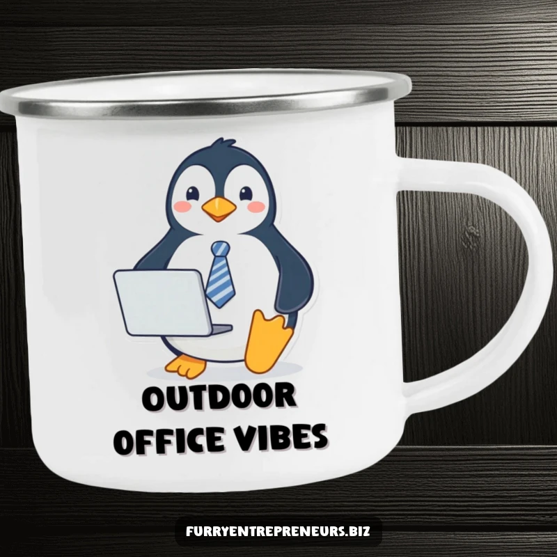 Funny penguin camping mug with a penguin wearing a tie and holding a laptop, durable for adventures and bringing professional humor.