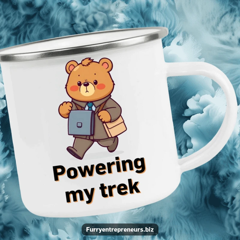 Funny bear business camping mug with a determined animal power walking with a briefcase, designed for the road.
