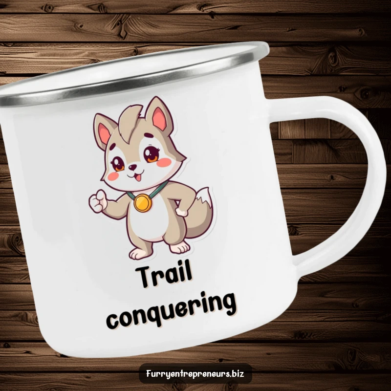 Funny camping mug featuring a proud animal character in a heroic pose, wearing a tiny medal, perfect for outdoor enthusiasts.