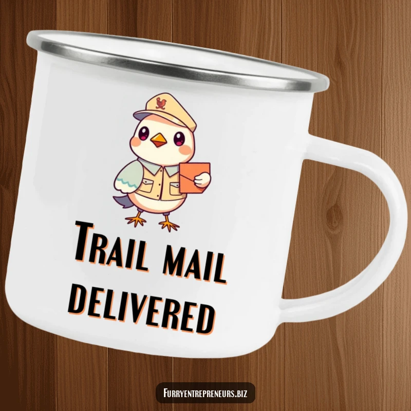 Funny Bird Mail Carrier Camping Mug: A durable mug showcasing a uniformed bird delivering mail, ideal for outdoor use and carrying hot beverages with a smile.