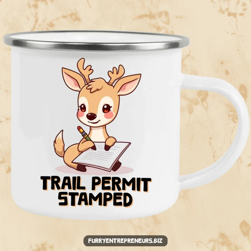 Funny deer character signing a document with its hoof, a durable and humorous camping mug.