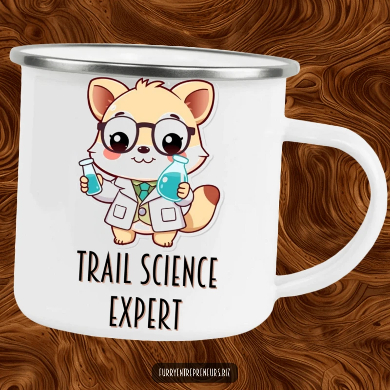 Funny scientist animal camping mug with a smiling character in a lab coat, holding a tiny beaker.