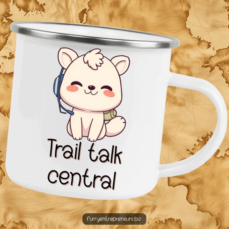 Funny animal call center camping mug, a playful creature with a headset grins while on a call, perfect for outdoor adventures with a humorous twist.