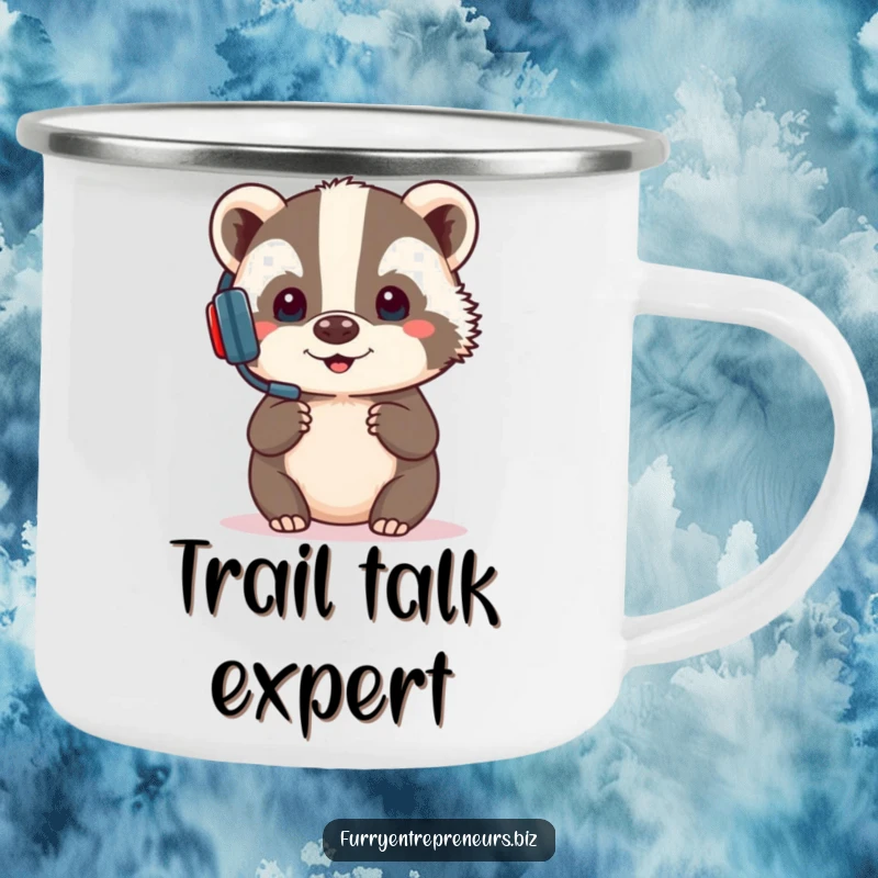 Funny camping mug featuring a focused badger in a headset, presenting with comical determination, bringing humorous charm to outdoor beverages.