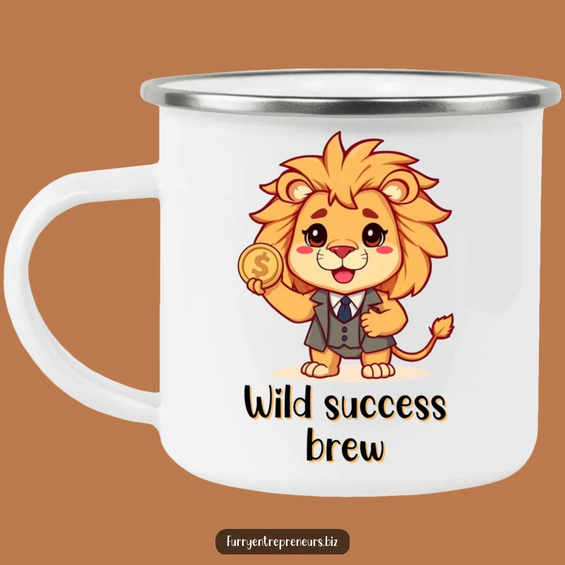 Funny Lion Suit Camping Mug: Brave Business Beast Holding Coin, Outdoor Gift!