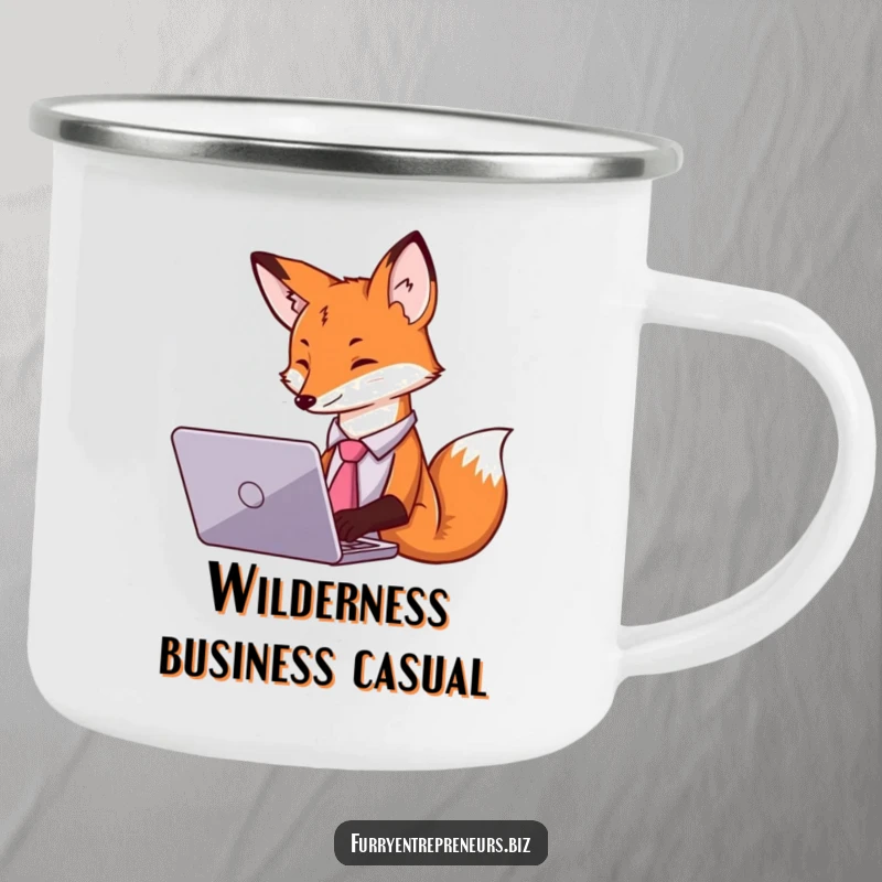 Funny camping mug featuring a fox wearing a tie, working on a laptop, ideal for professionals.