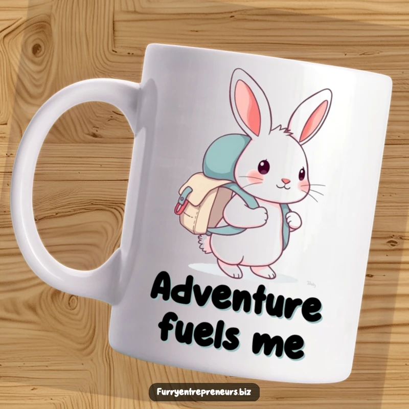 Funny rabbit with a tiny backpack exploring, a curious and adventurous character on a ceramic mug, ideal for gift giving.