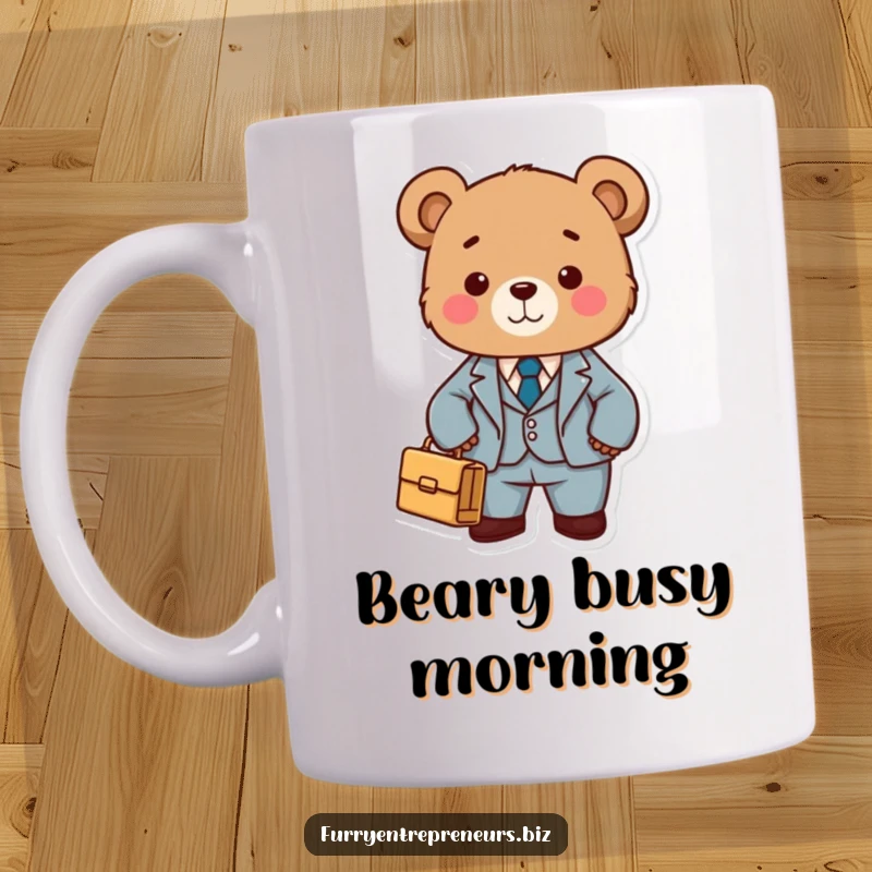 Cute bear wearing a tiny suit and carrying a briefcase, looking professional and humorous on a coffee mug.