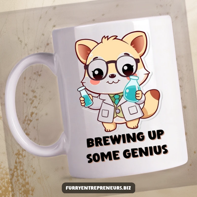 Funny scientist animal mug with a smiling character in a lab coat, holding a small beaker with liquid.
