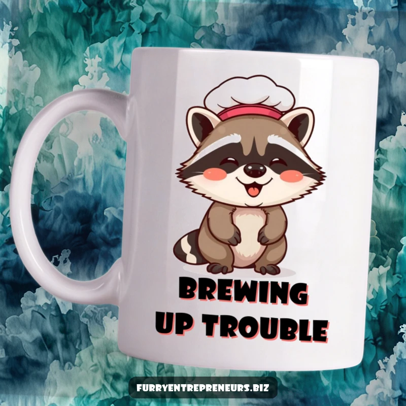 Funny raccoon chef mug with a giggling raccoon wearing a chef hat, looking mischievous and ready to cook up some laughs.