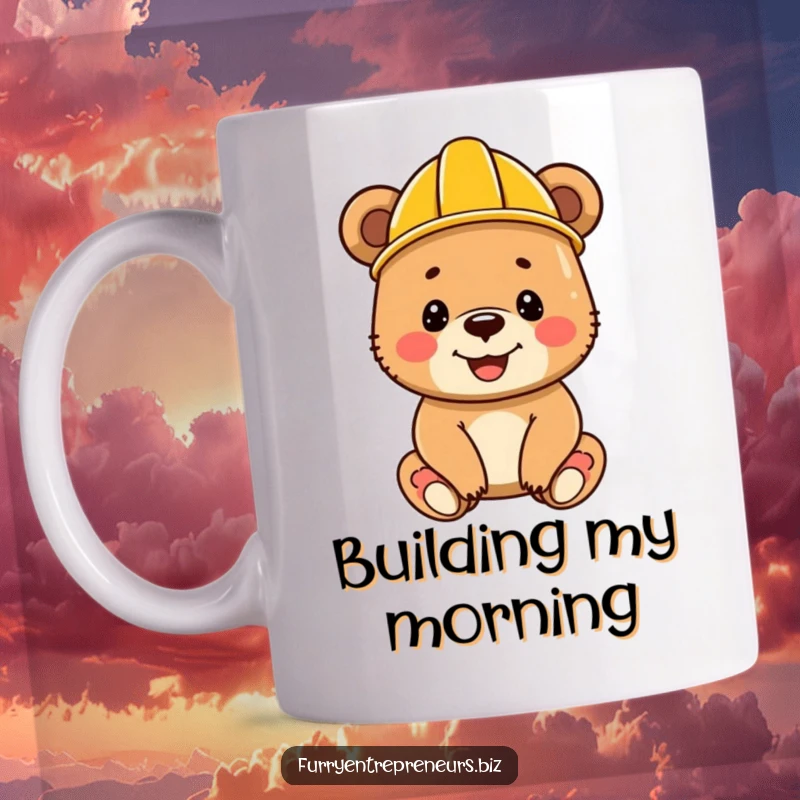 Funny, happy bear cub wearing a miniature construction helmet, smiling joyfully, ready to build on a mug.