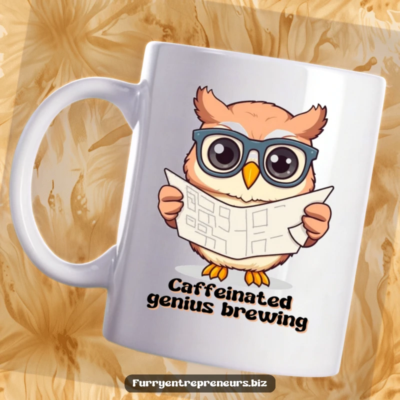 Funny owl wearing glasses, intently working on a blueprint with a pen, showcasing creative design and intelligence on a mug.