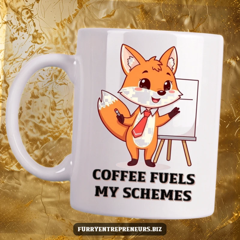 Funny fox mug, wearing a tie, enthusiastically pointing at a blank whiteboard with a bright idea.