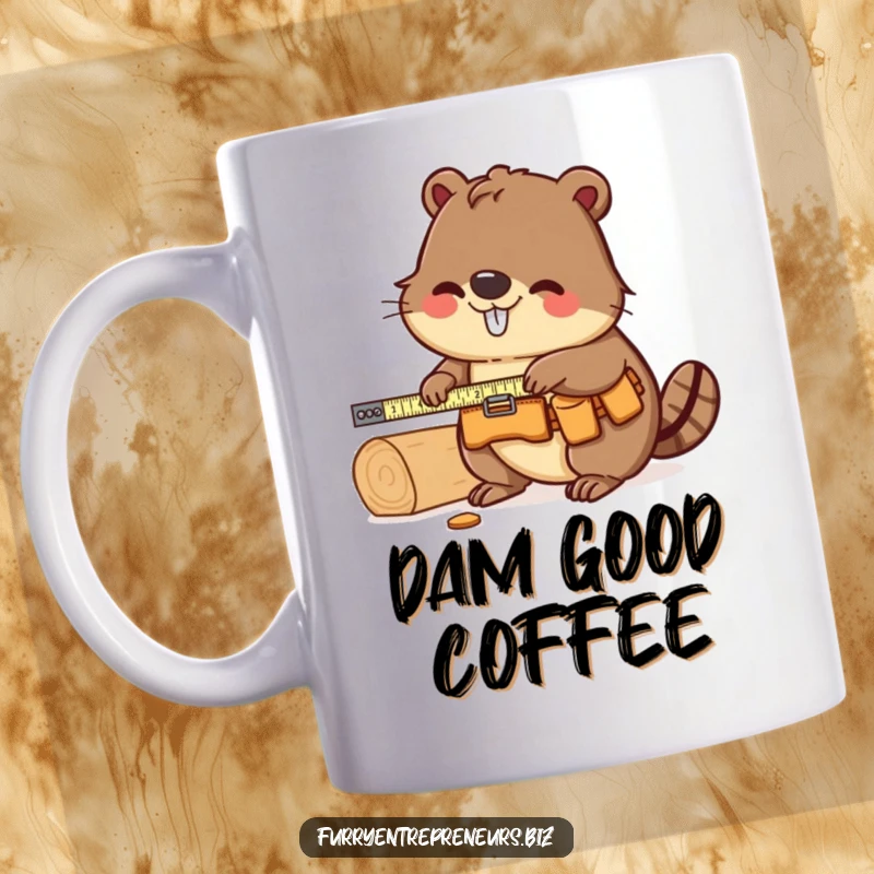 Funny Beaver Carpenter Mug: A focused beaver wearing a tool belt meticulously measures a piece of wood, showcasing dedication to carpentry and humor.