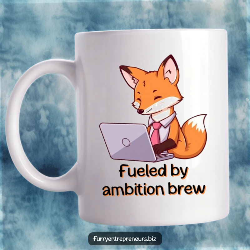 Funny mug featuring a fox in a tie, professionally typing on a laptop, embodying business acumen.