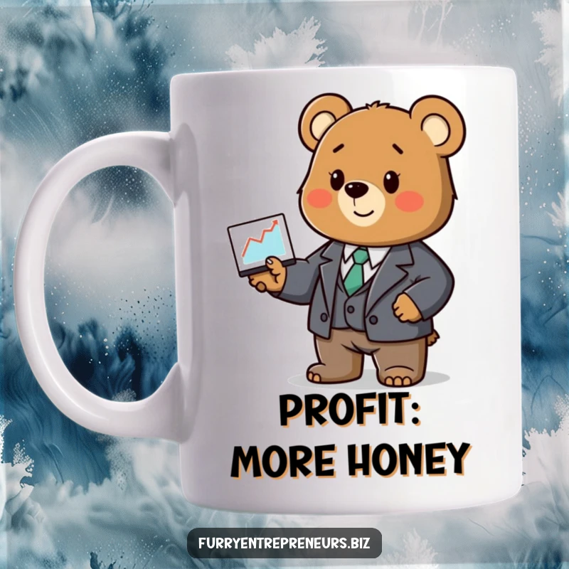 Funny bear mug, wearing a tiny business suit, presenting a bar graph with a serious expression.