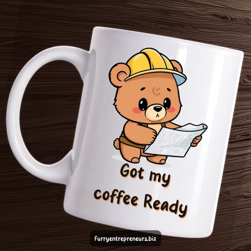 Funny bear construction worker in hard hat intensely inspecting a blueprint, ready for a laugh.