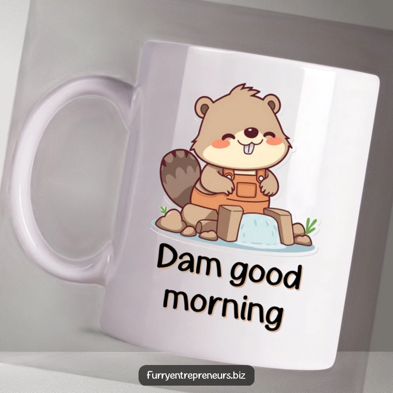 Funny beaver in overalls energetically building a tiny dam, construction worker humor, industrious and amusing, perfect funny gift.