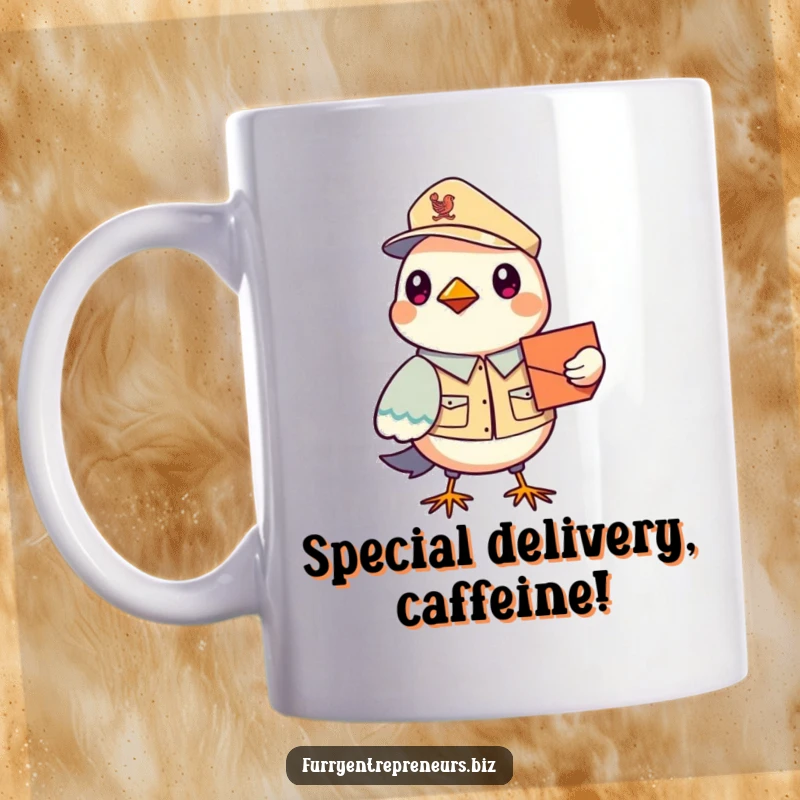Funny Bird Mail Carrier Mug: A tiny uniformed bird enthusiastically delivering mail with a smile, perfect for bird lovers and postal workers.
