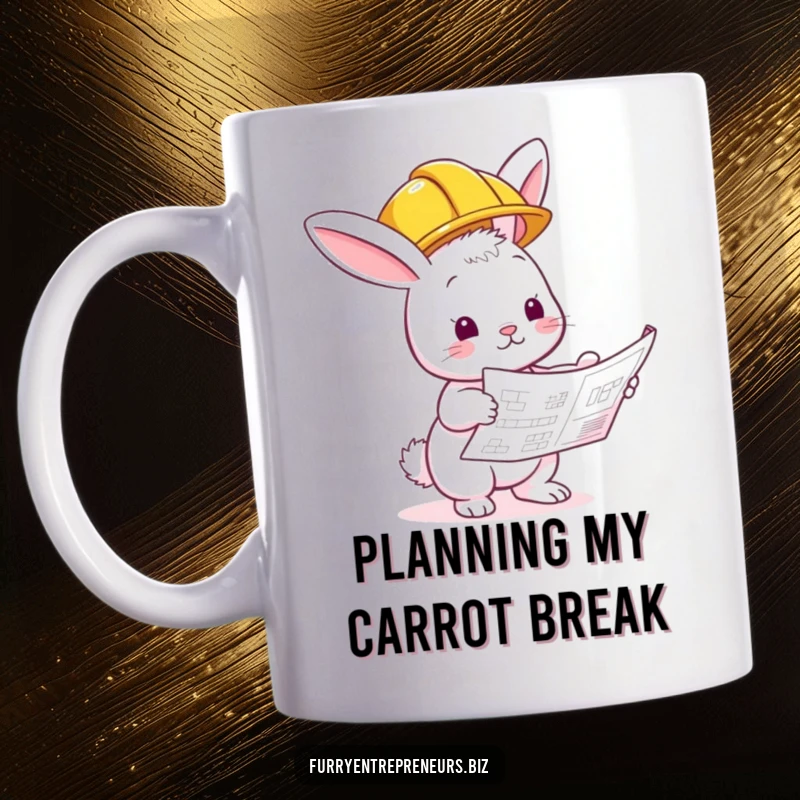 Funny bunny wearing a hard hat, intently inspecting a building blueprint with a focused, determined expression.