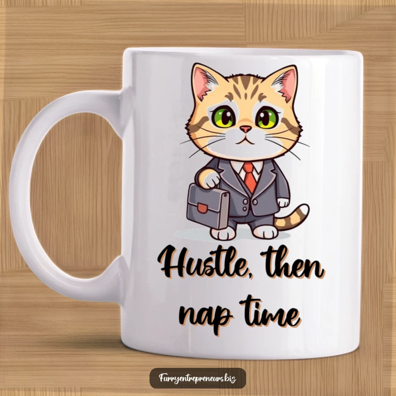 Funny cat in a tiny business suit holding a briefcase, looking determined and hilariously professional.