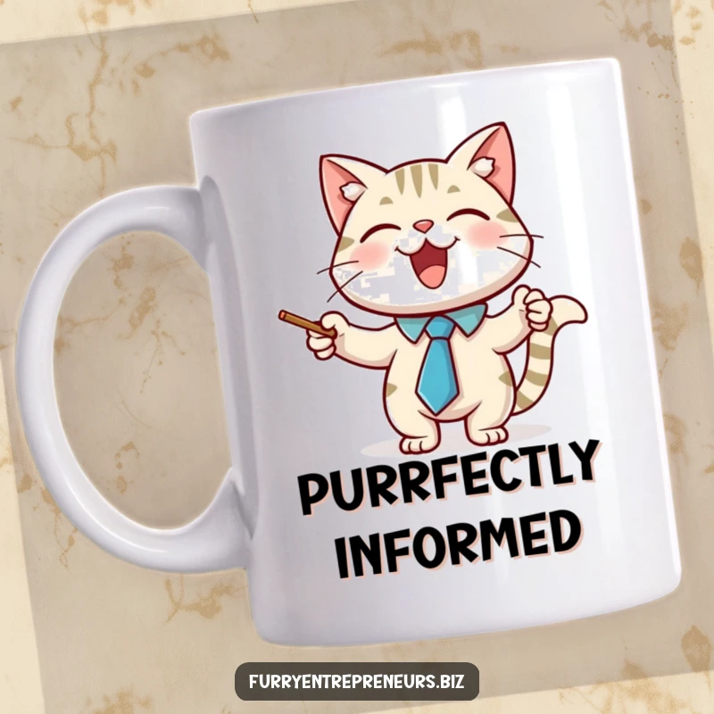 Funny mug featuring a joyful cat character wearing a necktie and using a pointer stick, looking like a wise professor.