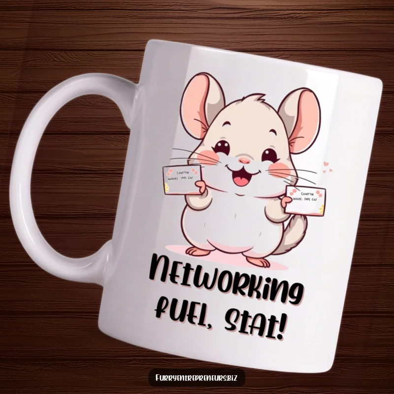Funny Chinchilla mug with a cheerful character handing out business cards, spreading joy and networking humorously.