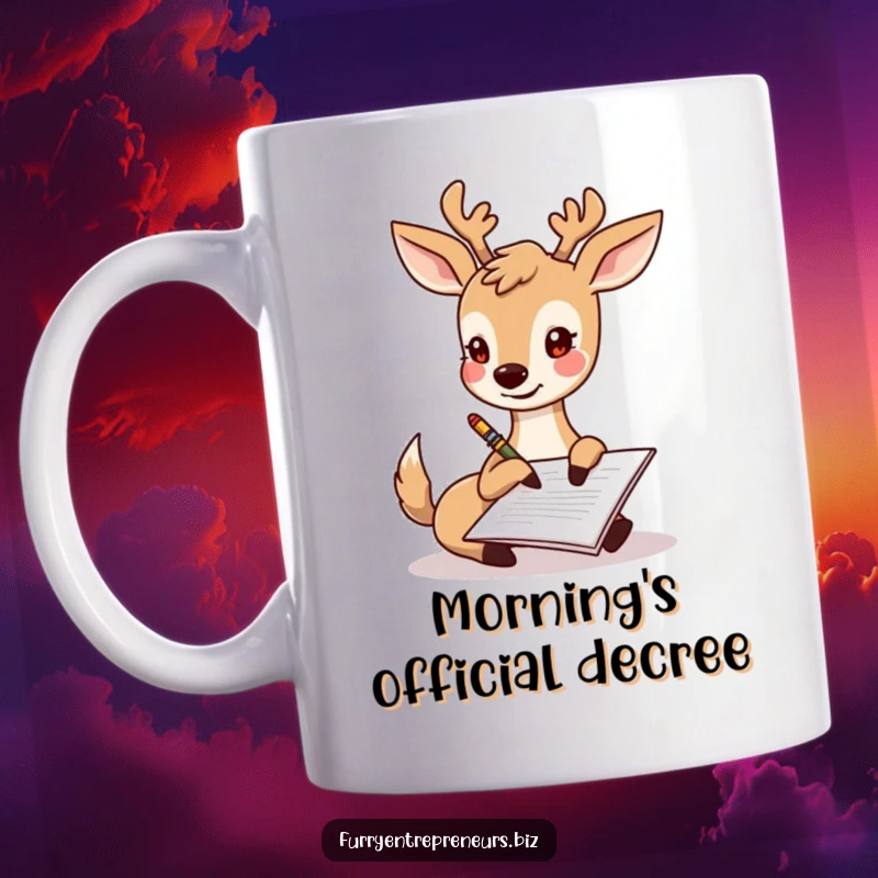 Funny deer character gleefully signing a document with its hoof, showcasing office humor and personality.