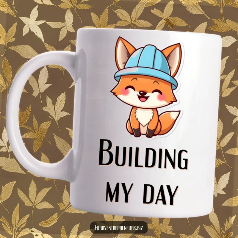 Funny mug featuring a smiling fox character wearing a small, bright yellow hard hat, symbolizing readiness and cheerful construction work.