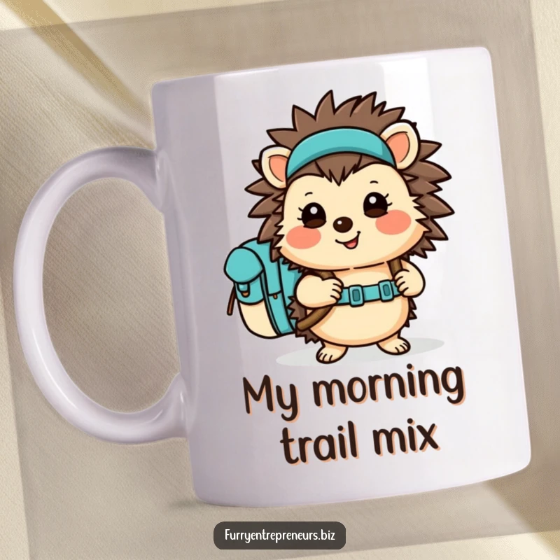 Funny Hedgehog Hiker Mug with a backpack, cheerfully trekking on an outdoor adventure path. Nature lover gift.