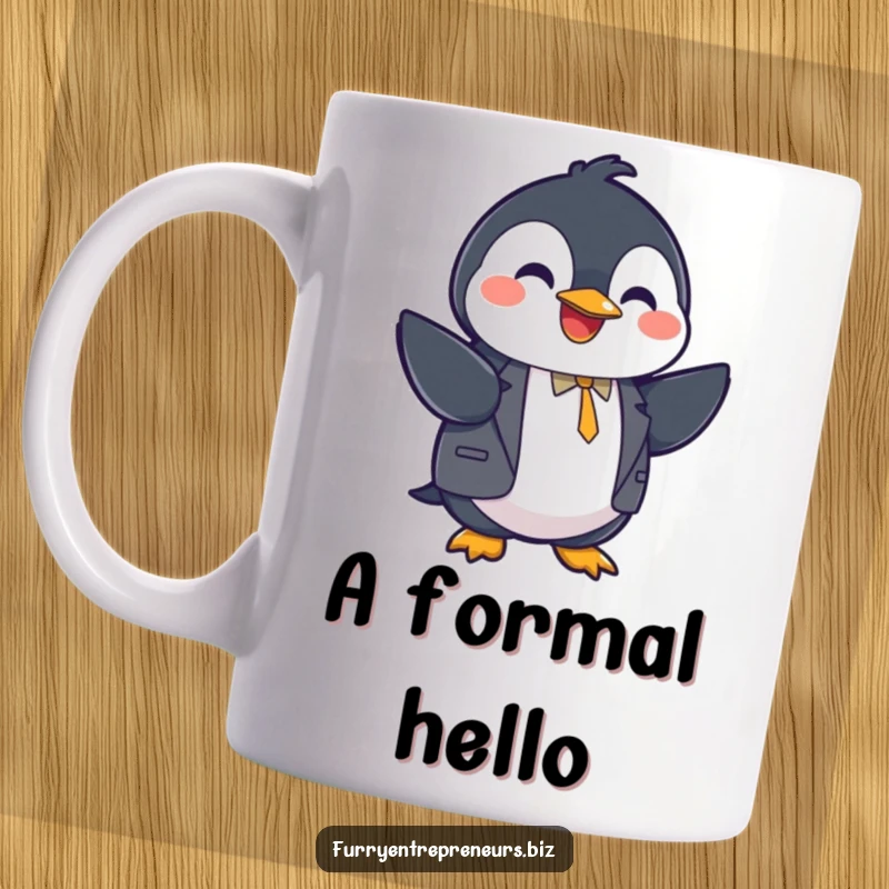 Funny joyful penguin character in a suit, shaking hands professionally, business humor, friendly and amusing, perfect funny gift.