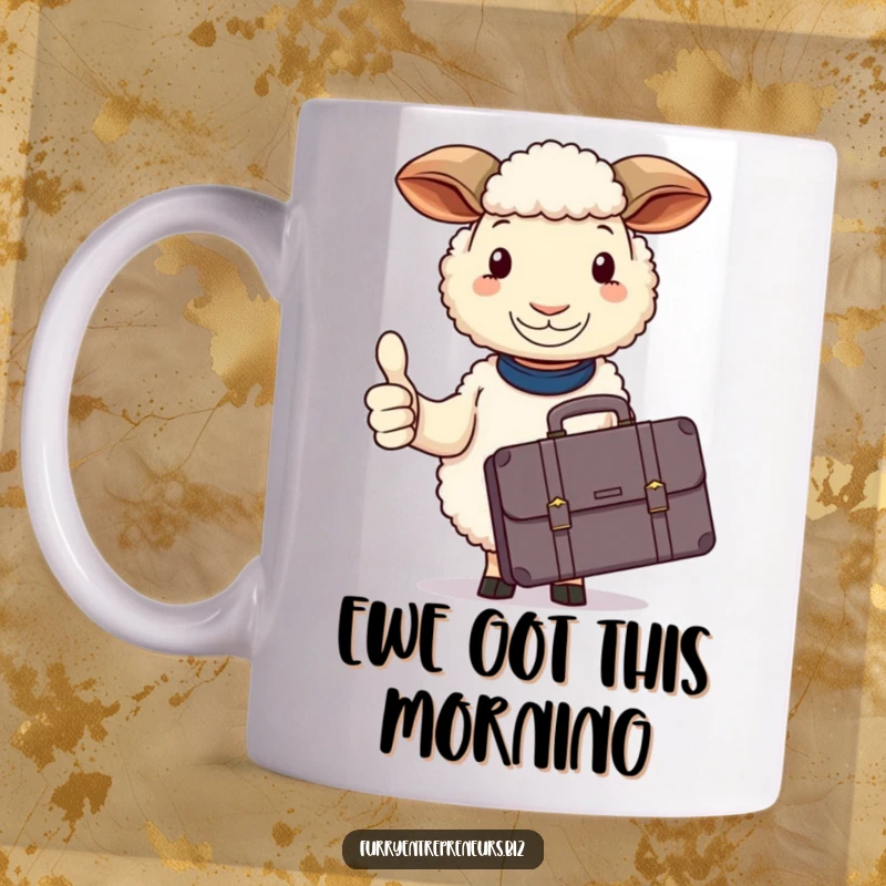 Funny sheep mug, holding a briefcase, calmly giving a positive thumbs up gesture.