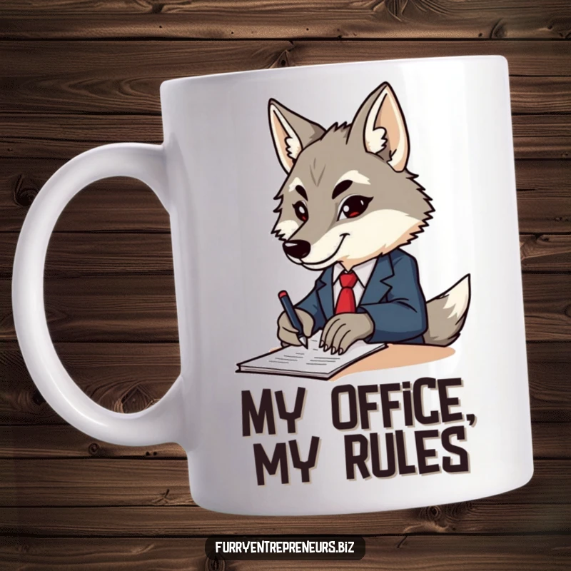 Funny wolf in a tiny business suit, intensely signing important papers with a pen, looking very determined and professional.
