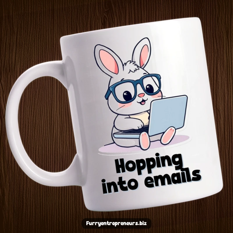 Funny rabbit wearing glasses, engrossed in typing on a laptop, embodying a witty and tech-savvy personality on a coffee mug.