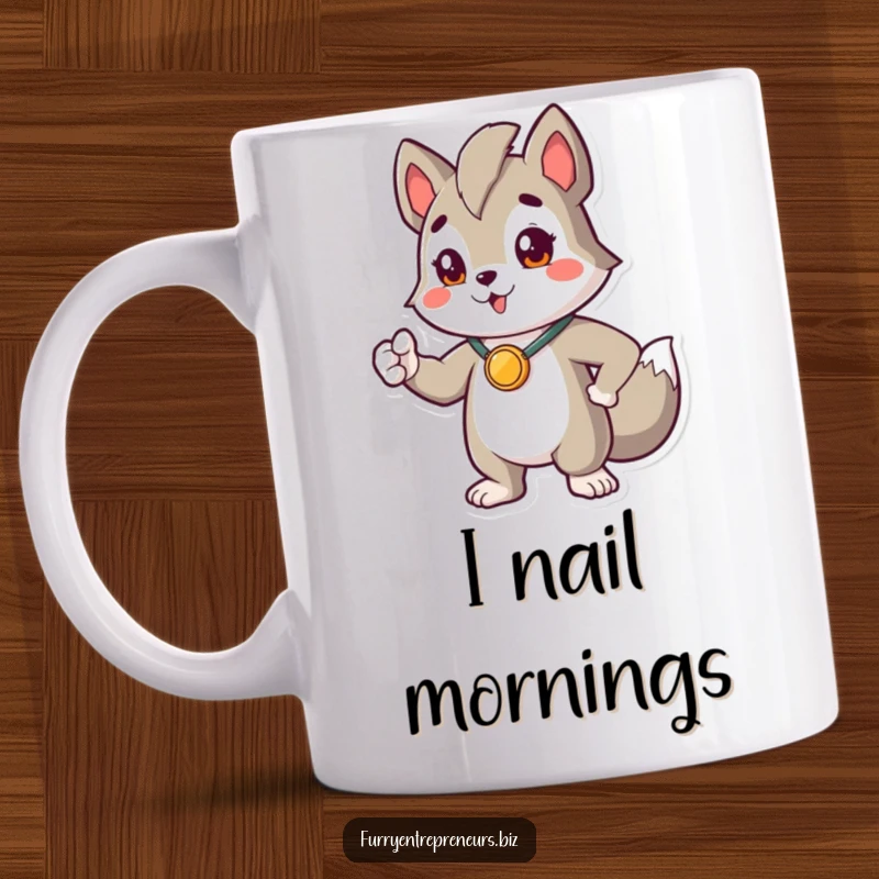 Funny mug showing a proud animal character in a heroic pose with a tiny medal, celebrating victory with a smile.