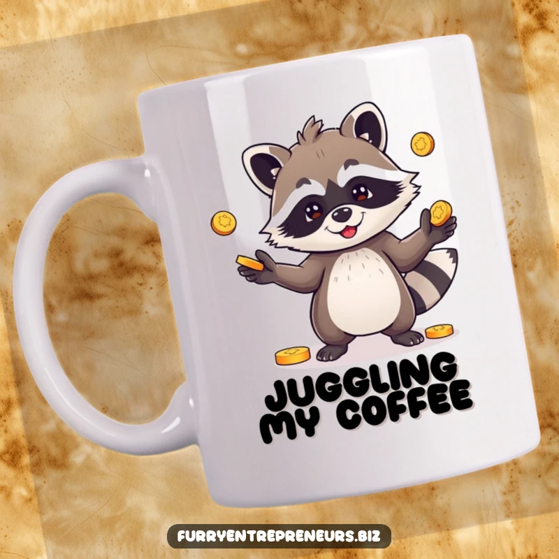 Funny mug showing a playful raccoon character juggling several shiny coins, representing mischief and a love for shiny things.
