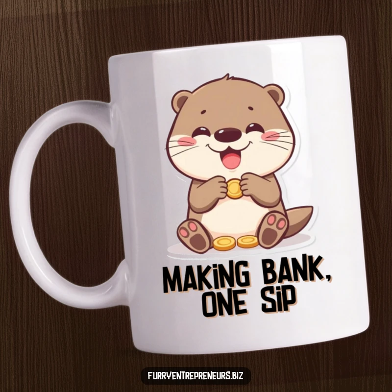 Funny otter counting coins with a huge smile, symbolizing financial joy and a playful personality, perfect for a humorous mug gift.
