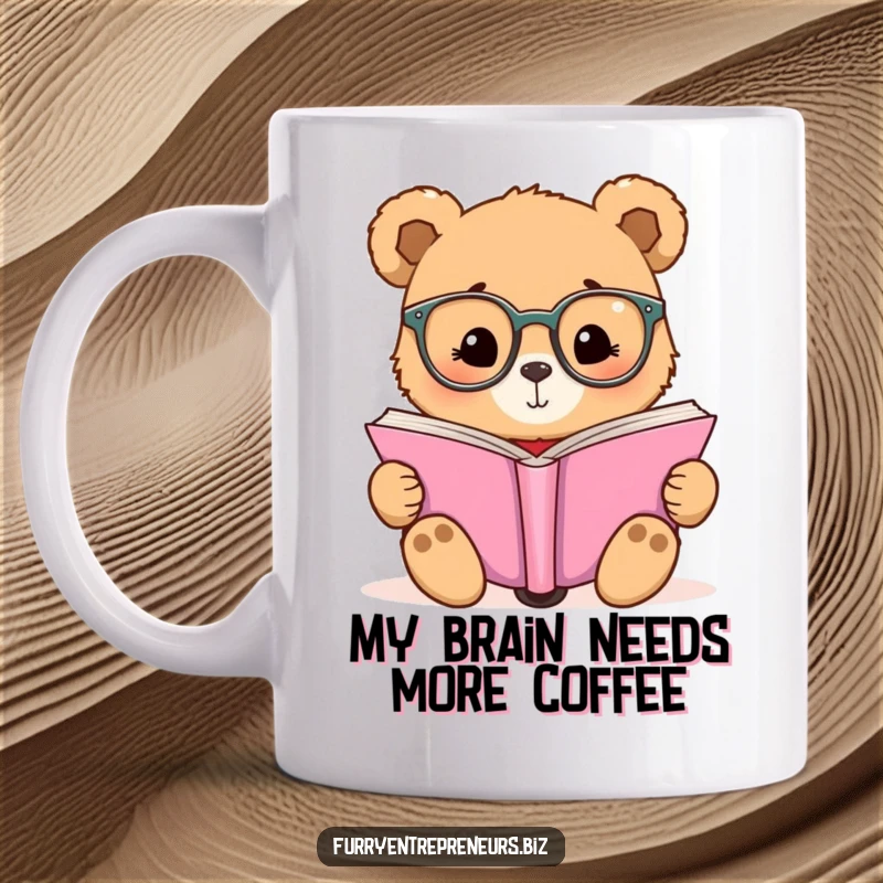 Funny mug featuring a scholarly bear wearing tiny glasses, engrossed in a giant book, conveying a love for reading.