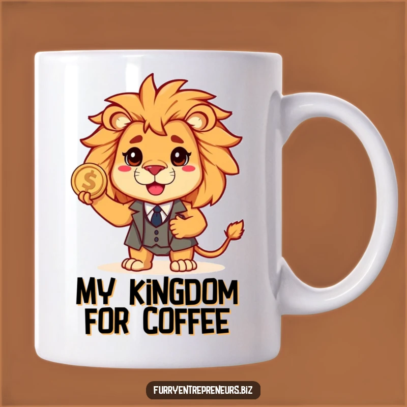 Funny Lion in Suit Mug: A Brave Business Beast Holding a Coin, Perfect Gift!