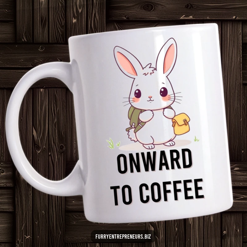 Funny rabbit explorer mug featuring a curious bunny with a tiny backpack, ready for an exciting journey.