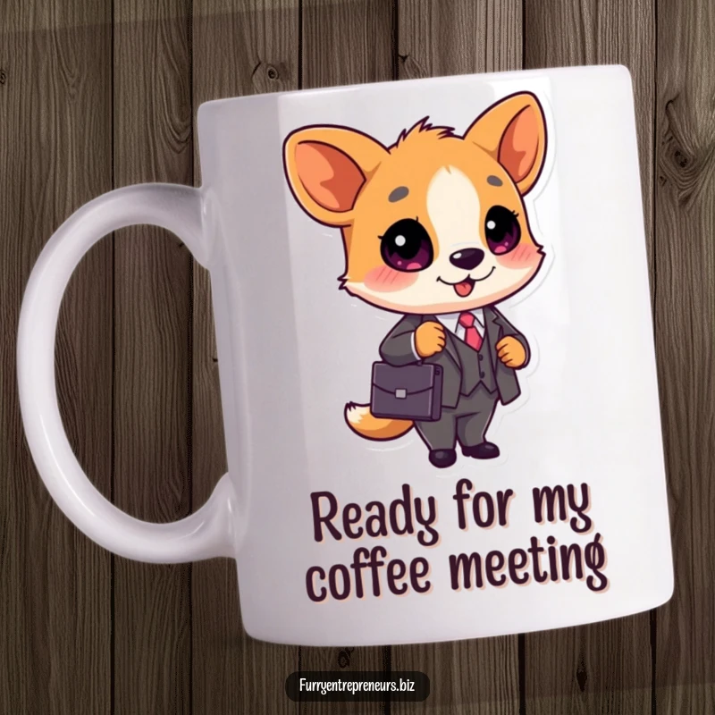 Funny Business Animal Mug: A cute animal in a tiny business suit holds a briefcase, exuding professional charm and humor, ideal as a smart funny gift.