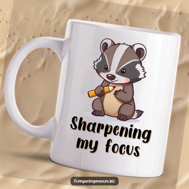 Funny mug showing a determined badger character sharpening a miniature pencil, representing focus and preparation with a humorous touch.
