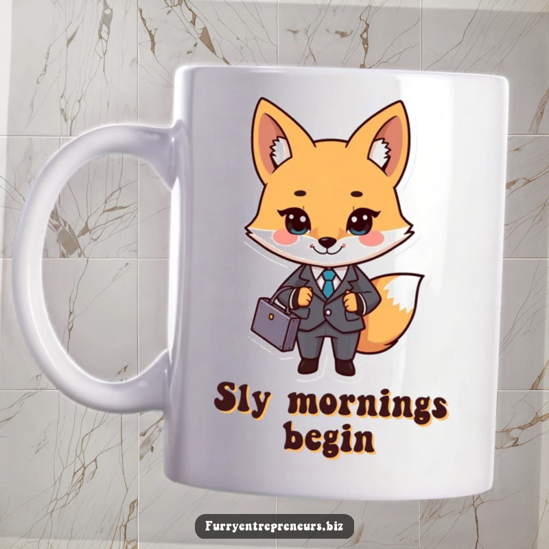 Funny fox character in a tiny business suit holding a briefcase, looking professional and ready for a busy day.