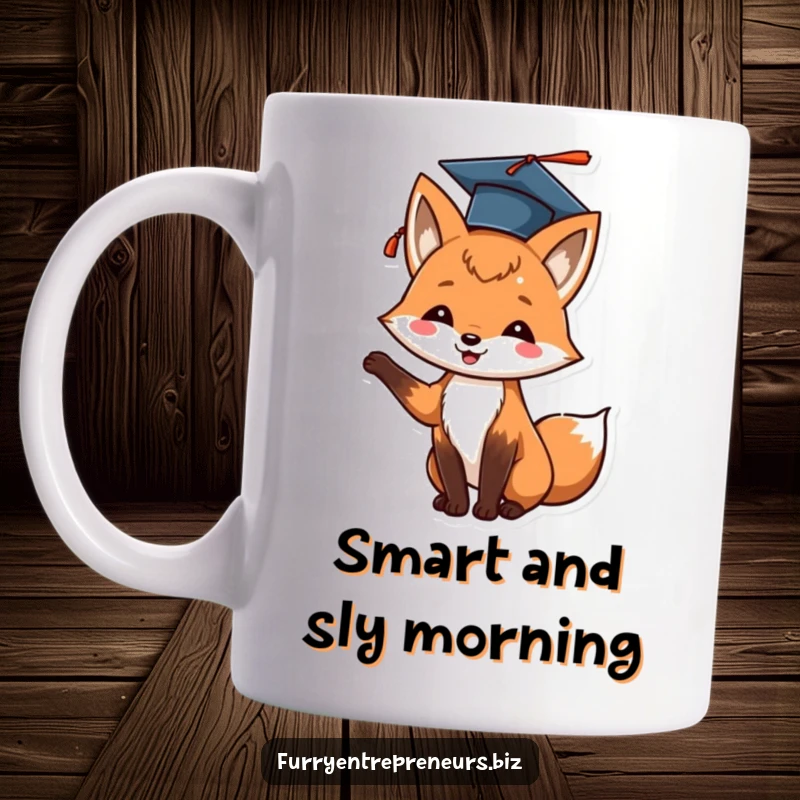 Funny fox graduation mug with a tiny cap tossed upwards, radiating cheerful pride and academic success.